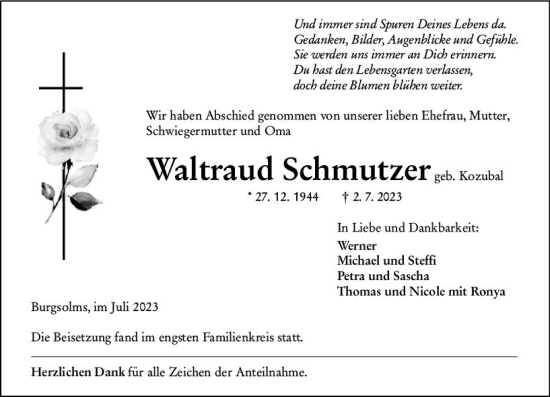 Traueranzeige von Waltraud Schmutzer von Wetzlarer Neue Zeitung