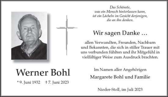 Traueranzeige von Werner Bohl von VRM Trauer