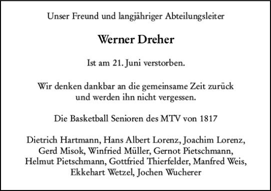 Traueranzeige von Werner Dreher von Allgemeine Zeitung Mainz
