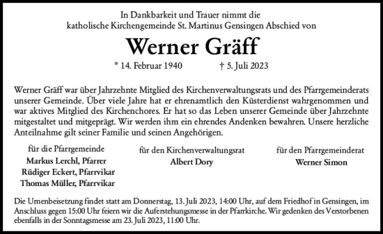 Traueranzeige von Werner Gräff von Allgemeine Zeitung Bingen/Ingelheim