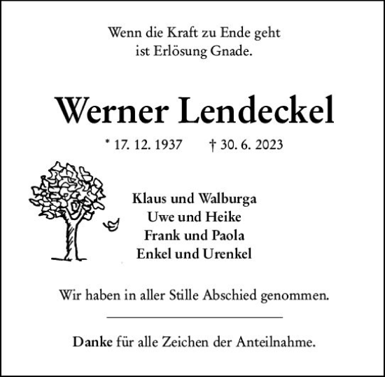 Traueranzeige von Werner Lendeckel von Hinterländer Anzeiger
