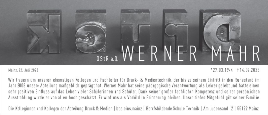 Traueranzeige von Werner Mahr von Allgemeine Zeitung Mainz