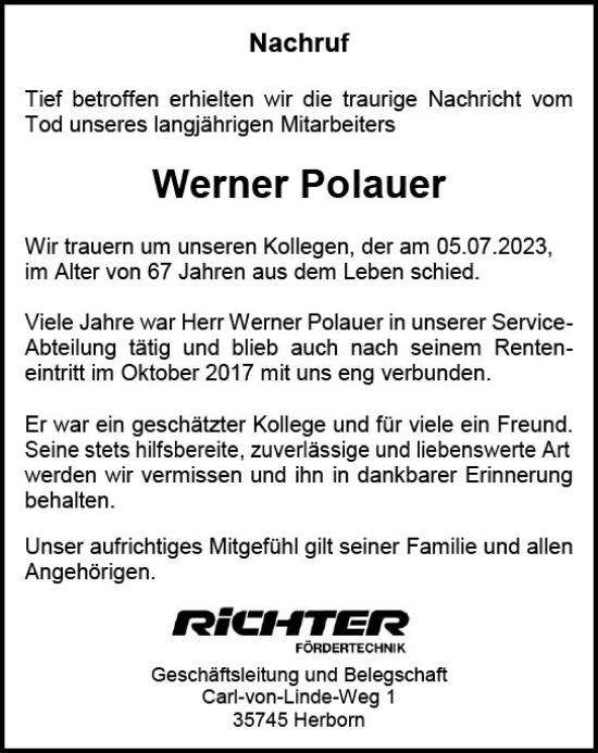 Traueranzeige von Werner Polauer von Dill Block