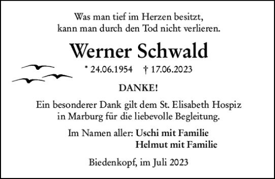 Traueranzeige von Werner Schwald von Hinterländer Anzeiger