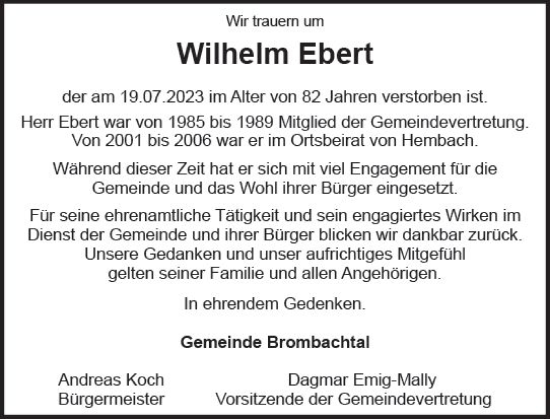 Traueranzeige von Wilhelm Ebert von Odenwälder Echo