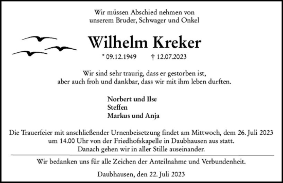 Traueranzeige von Wilhelm Kreker von Wetzlarer Neue Zeitung
