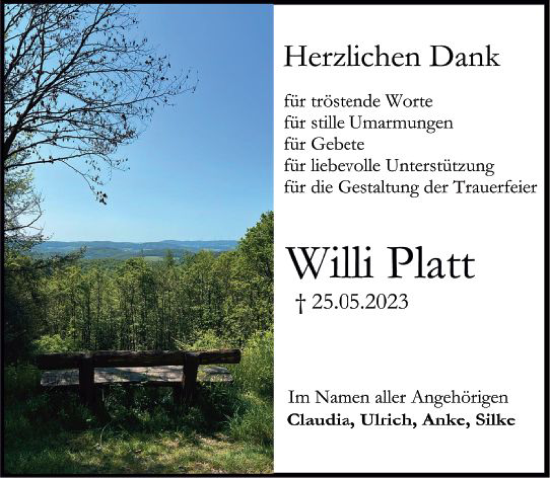 Traueranzeige von Willi Platt von Hinterländer Anzeiger