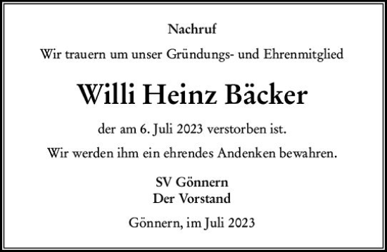 Traueranzeige von Willi Heinz Bäcker von Hinterländer Anzeiger