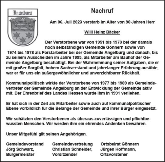Traueranzeige von Willi Heinz Bäcker von Hinterländer Anzeiger