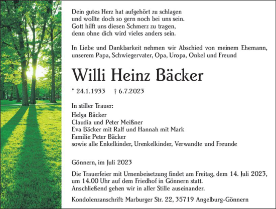 Traueranzeige von Willi Heinz Bäcker von Hinterländer Anzeiger