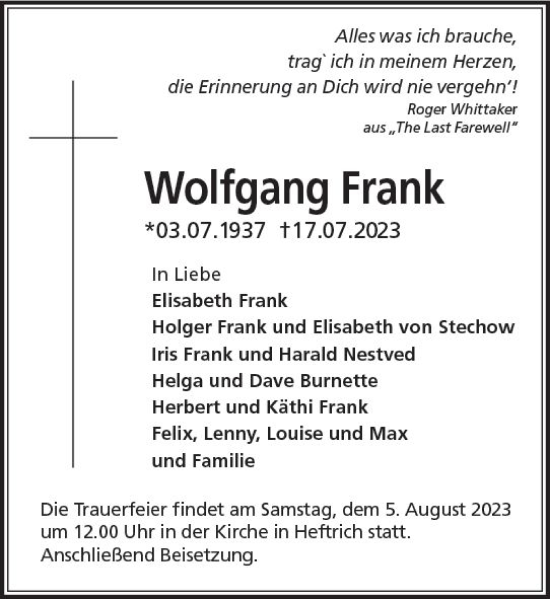 Traueranzeige von Wolfgang Frank von Idsteiner Land/Untertaunus