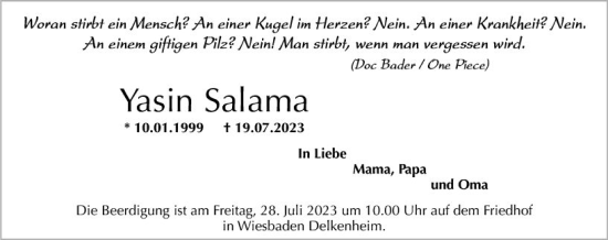 Traueranzeige von Yasin Salama von Wiesbadener Kurier