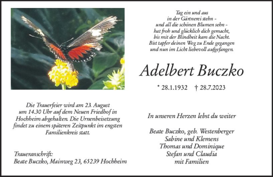 Traueranzeige von Adelbert Buczko von Hochheimer Zeitung