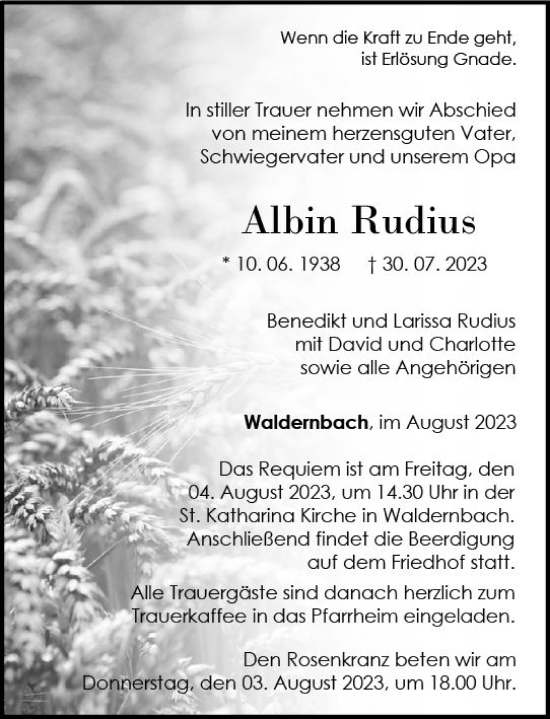 Traueranzeige von Albin Rudius von Weilburger Tageblatt