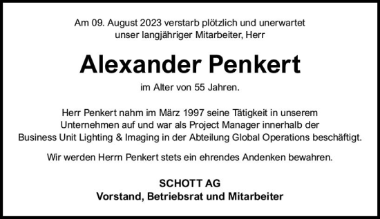 Traueranzeige von Alexander Penkert von Allgemeine Zeitung Mainz