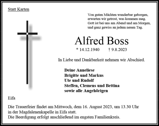 Traueranzeige von Alfred Boss von VRM Trauer