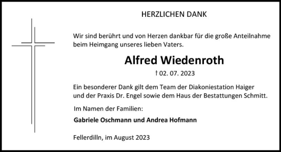 Traueranzeige von Alfred Wiedenroth von Dill Block