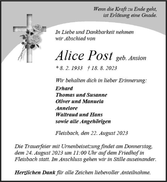 Traueranzeige von Alice Post von Dill Block