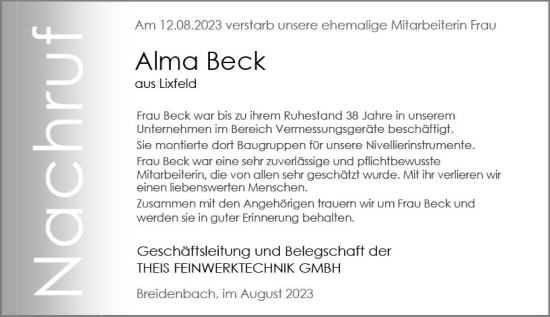 Traueranzeige von Alma Beck von Hinterländer Anzeiger