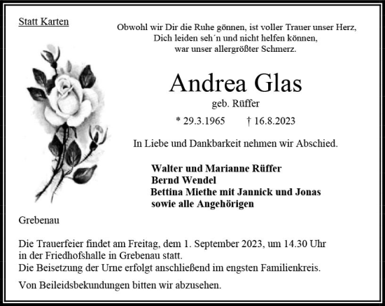 Traueranzeige von Andrea Glas von Oberhessen Kurier