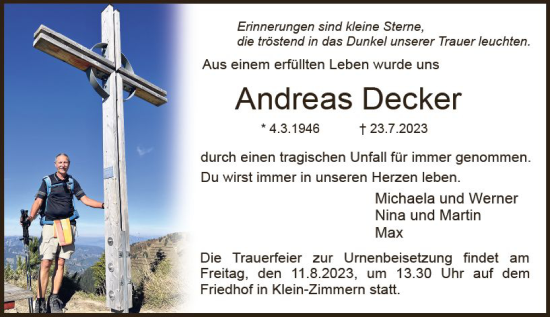 Traueranzeige von Andreas Decker von Dieburger Anzeiger/Groß-Zimmerner Lokal-Anzeiger