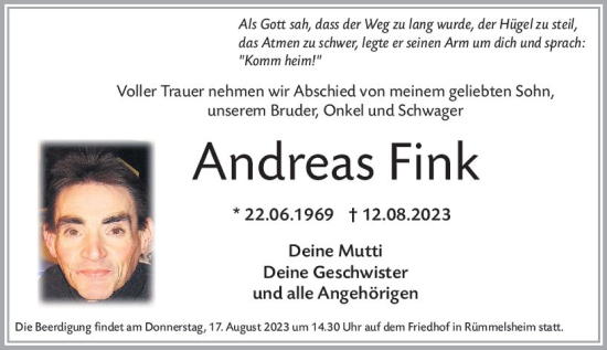 Traueranzeige von Andreas Fink von Allgemeine Zeitung Bingen/Ingelheim