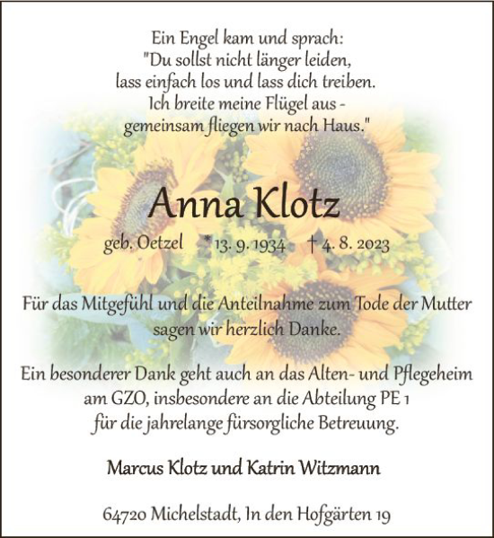Traueranzeige von Anna Klotz von Odenwälder Echo