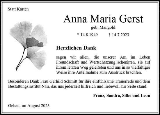 Traueranzeige von Anna Maria Gerst von Oberhessen Kurier