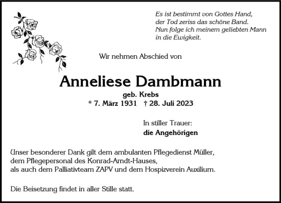 Traueranzeige von Anneliese Dambmann von Wiesbadener Kurier