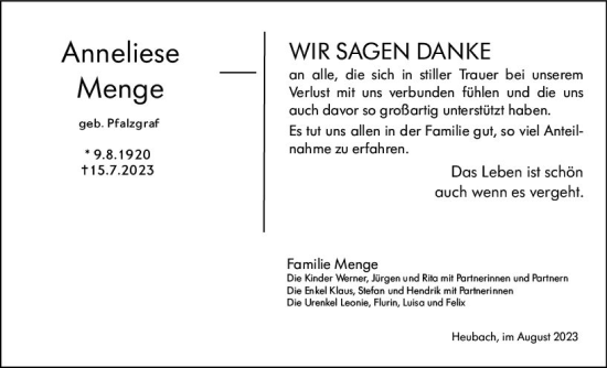Traueranzeige von Anneliese Menge von Darmstädter Echo