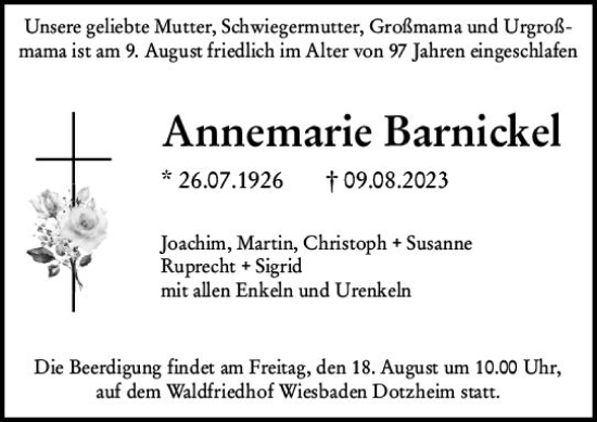 Traueranzeige von Annemarie Barnickel von Wiesbadener Kurier