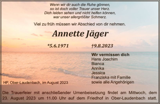 Traueranzeige von Annette Jäger von Starkenburger Echo
