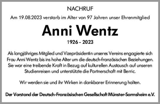 Traueranzeige von Anni Wentz von Allgemeine Zeitung Bingen/Ingelheim