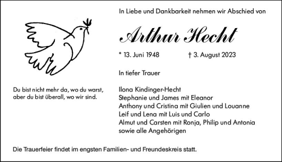 Traueranzeige von Arthur Hecht von Darmstädter Echo