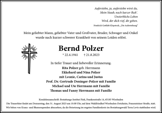 Traueranzeige von Bernd Polzer von Wiesbadener Kurier