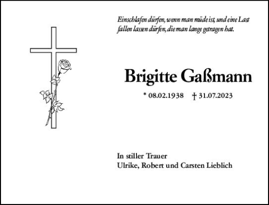 Traueranzeige von Brigitte Gaßmann von Allgemeine Zeitung Mainz