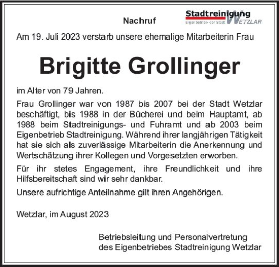 Traueranzeige von Brigitte Grollinger von Wetzlarer Neue Zeitung