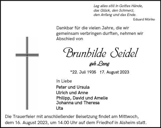 Traueranzeige von Brunhilde Seidel von Wormser Zeitung