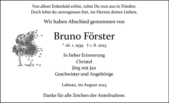 Traueranzeige von Bruno Förster von Wetzlarer Neue Zeitung