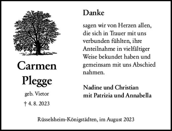Traueranzeige von Carmen Plegge von Rüsselsheimer Echo