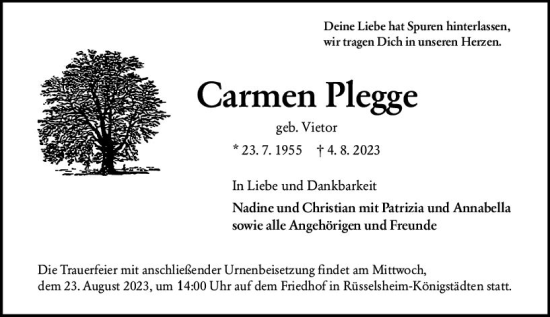Traueranzeige von Carmen Plegge von Rüsselsheimer Echo