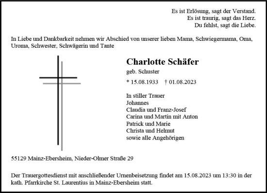 Traueranzeige von Charlotte Schäfer von Allgemeine Zeitung Mainz