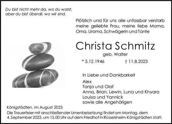 Traueranzeige von Christa Schmitz von Rüsselsheimer Echo