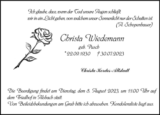 Traueranzeige von Christa Wiedemann von Darmstädter Echo