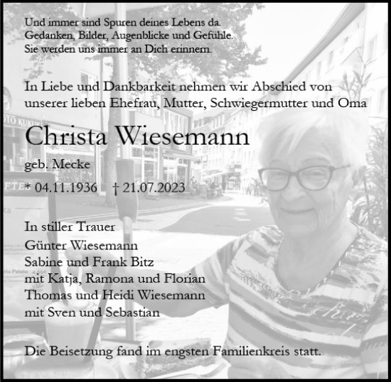 Traueranzeige von Christa Wiesemann von Allgemeine Zeitung Mainz