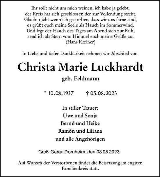 Traueranzeige von Christa Marie Luckhardt von Groß-Gerauer Echo