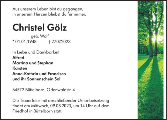 Traueranzeige von Christel Gölz von Groß-Gerauer Echo