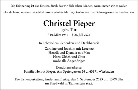 Traueranzeige von Christel Pieper von Wiesbadener Kurier