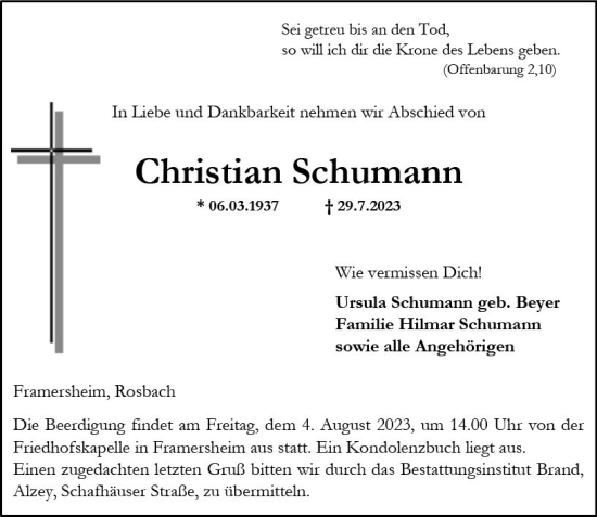Traueranzeige von Christian Schumann von Allgemeine Zeitung Alzey
