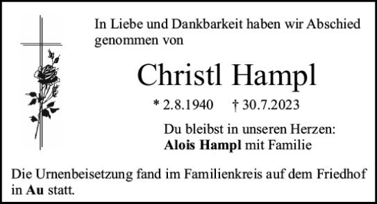 Traueranzeige von Christl Hampl von Darmstädter Echo